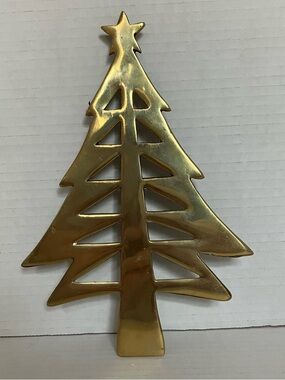 Cutout Christmas Tree Trivet Brass Gold Tone 9 Inch